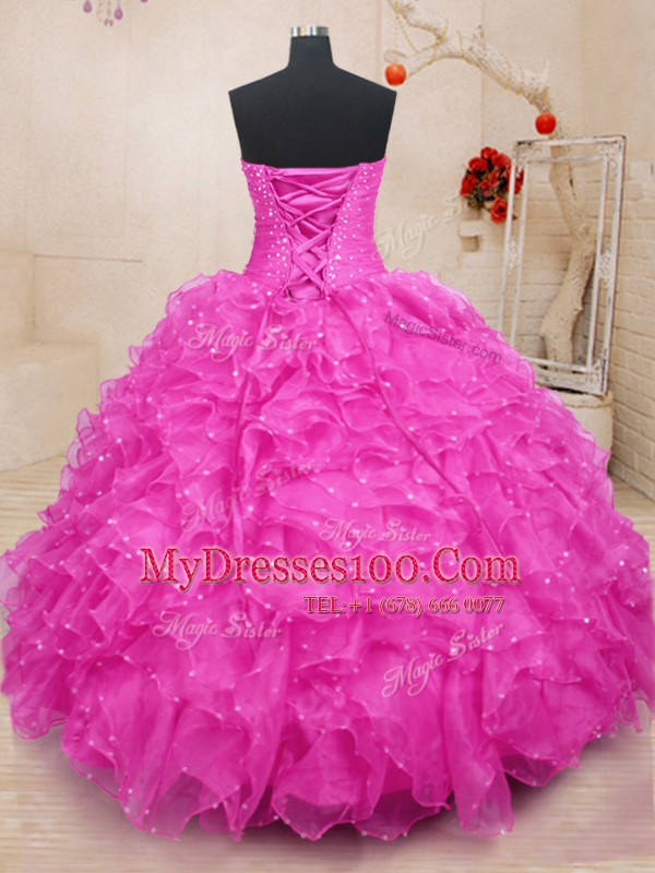 Hot Pink Organza Lace Up Quinceanera Dress Sleeveless Floor Length Beading and Ruffles and Hand Made Flower