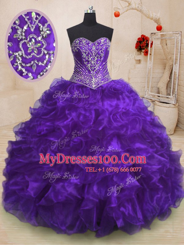 Purple Ball Gowns Beading and Ruffles Quinceanera Dresses Lace Up Organza Sleeveless With Train