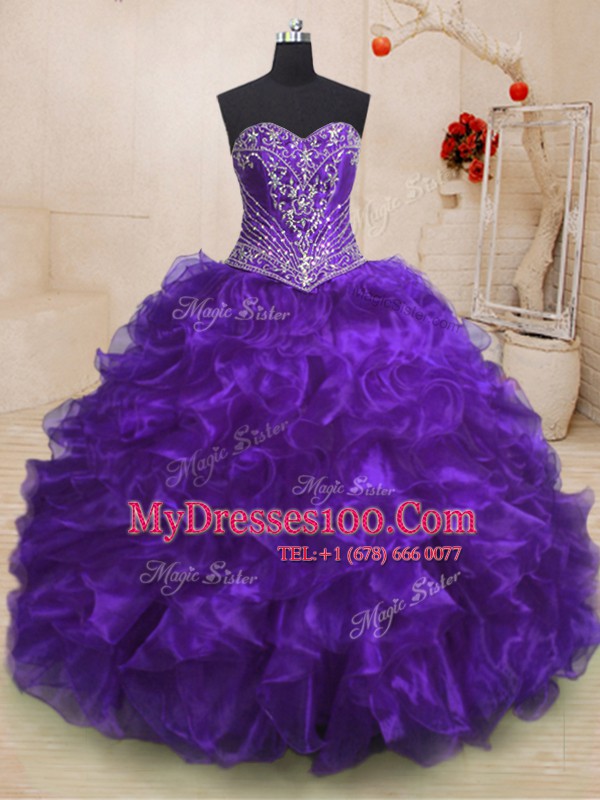 Purple Ball Gowns Beading and Ruffles Quinceanera Dresses Lace Up Organza Sleeveless With Train