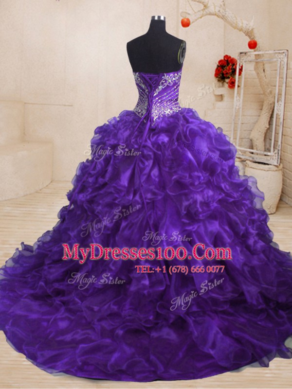 Purple Ball Gowns Beading and Ruffles Quinceanera Dresses Lace Up Organza Sleeveless With Train