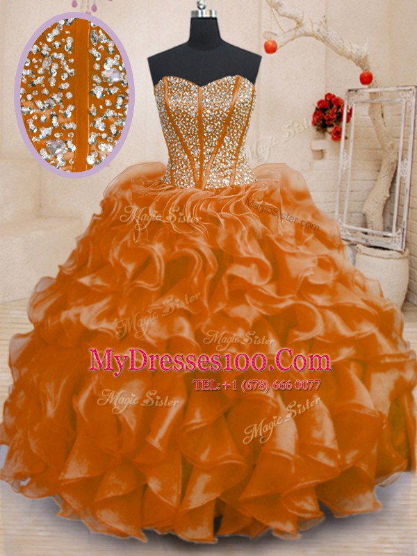 Luxury Orange Ball Gowns Sweetheart Sleeveless Organza Floor Length Lace Up Beading and Ruffles 15th Birthday Dress