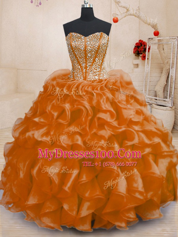 Luxury Orange Ball Gowns Sweetheart Sleeveless Organza Floor Length Lace Up Beading and Ruffles 15th Birthday Dress
