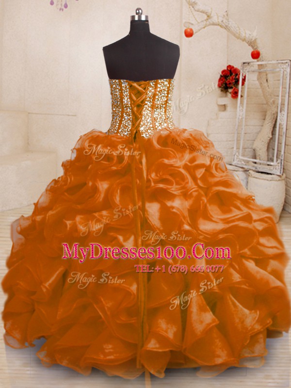 Luxury Orange Ball Gowns Sweetheart Sleeveless Organza Floor Length Lace Up Beading and Ruffles 15th Birthday Dress