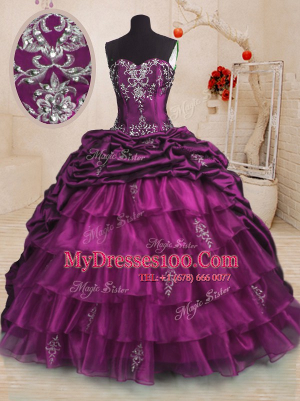 Chic Sleeveless With Train Beading and Appliques and Ruffles and Pick Ups Lace Up Quinceanera Dresses with Purple Sweep Train