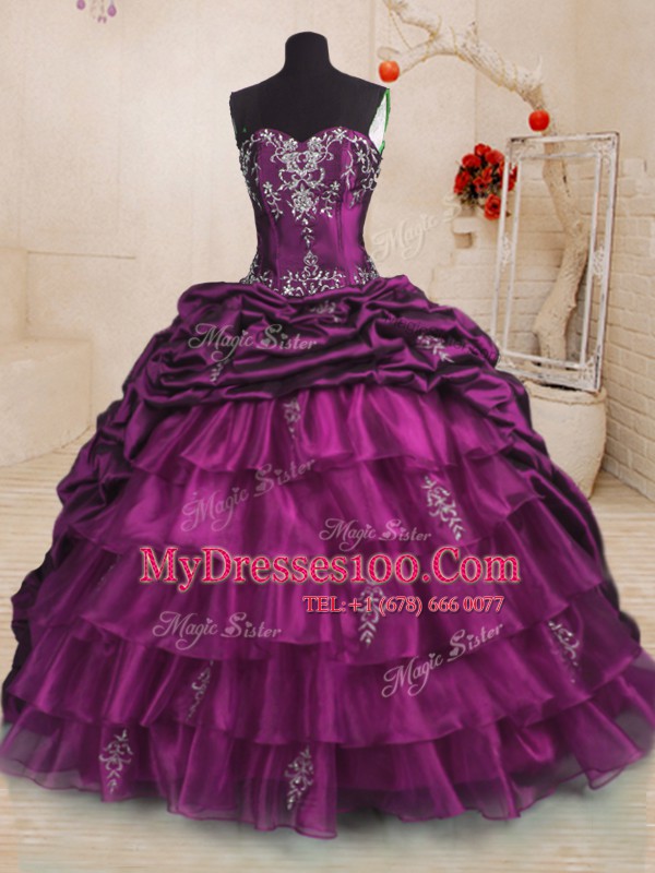 Chic Sleeveless With Train Beading and Appliques and Ruffles and Pick Ups Lace Up Quinceanera Dresses with Purple Sweep Train