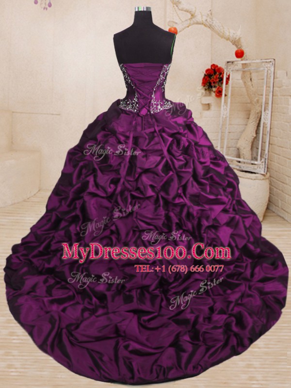 Chic Sleeveless With Train Beading and Appliques and Ruffles and Pick Ups Lace Up Quinceanera Dresses with Purple Sweep Train
