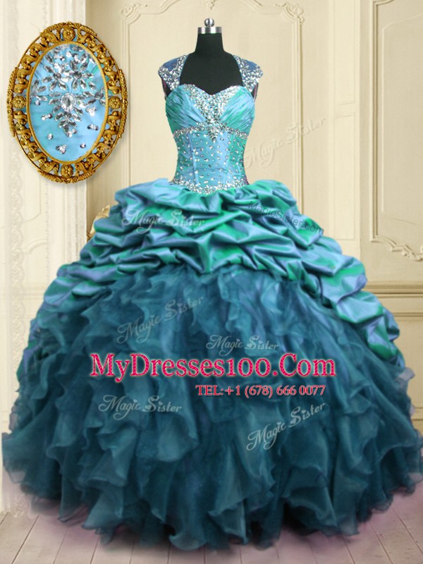 Beauteous Pick Ups With Train Teal Quinceanera Dress Sweetheart Cap Sleeves Brush Train Lace Up