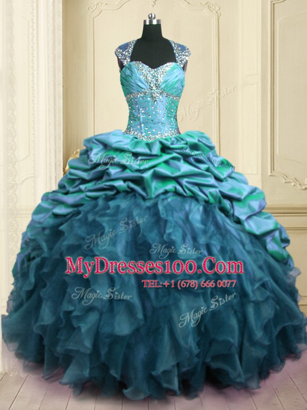 Beauteous Pick Ups With Train Teal Quinceanera Dress Sweetheart Cap Sleeves Brush Train Lace Up