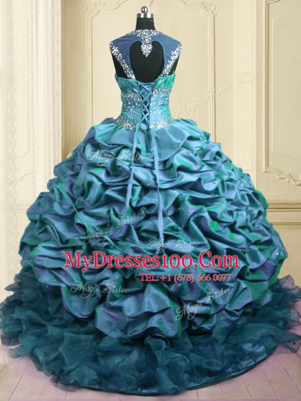 Beauteous Pick Ups With Train Teal Quinceanera Dress Sweetheart Cap Sleeves Brush Train Lace Up