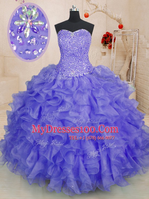 Lavender Sleeveless Organza Lace Up Quinceanera Gown for Military Ball and Sweet 16 and Quinceanera