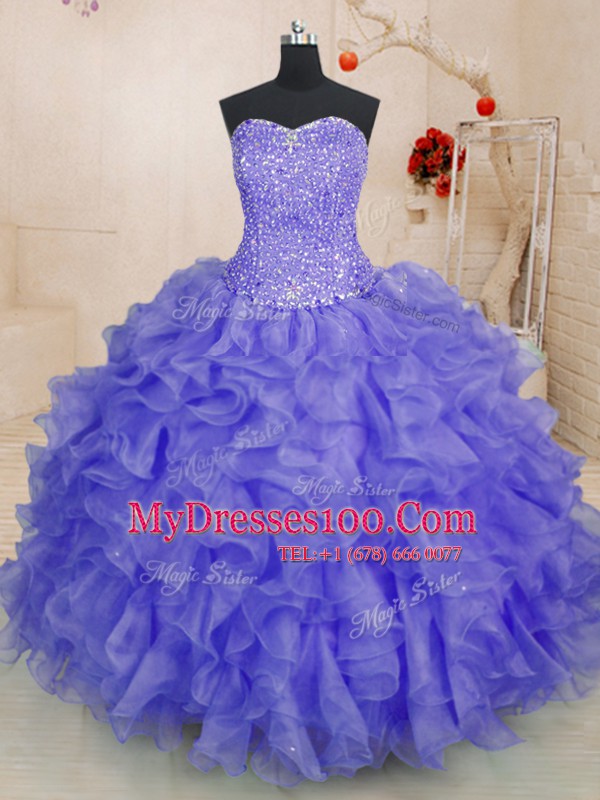 Lavender Sleeveless Organza Lace Up Quinceanera Gown for Military Ball and Sweet 16 and Quinceanera