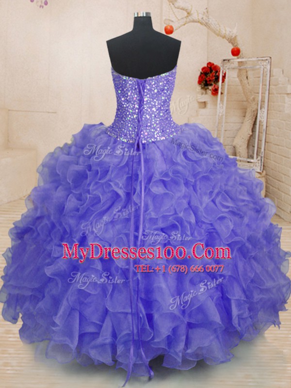 Lavender Sleeveless Organza Lace Up Quinceanera Gown for Military Ball and Sweet 16 and Quinceanera