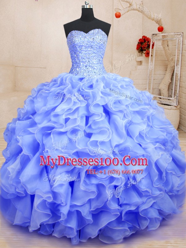 Comfortable Organza Sweetheart Sleeveless Lace Up Beading and Ruffles Ball Gown Prom Dress in Lavender