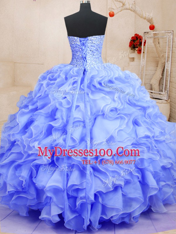 Comfortable Organza Sweetheart Sleeveless Lace Up Beading and Ruffles Ball Gown Prom Dress in Lavender