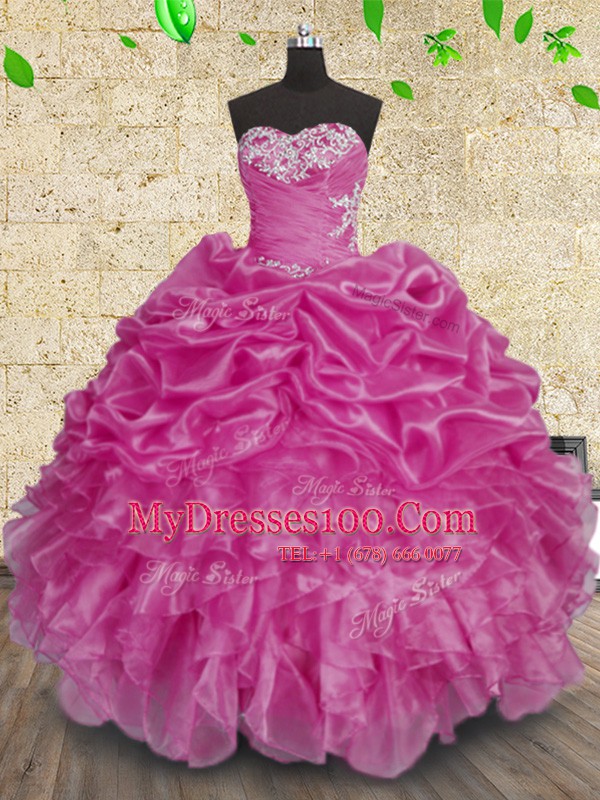 Simple Floor Length Fuchsia Quinceanera Gown Organza Sleeveless Beading and Appliques and Ruffles and Ruching