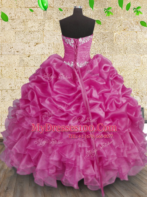 Simple Floor Length Fuchsia Quinceanera Gown Organza Sleeveless Beading and Appliques and Ruffles and Ruching