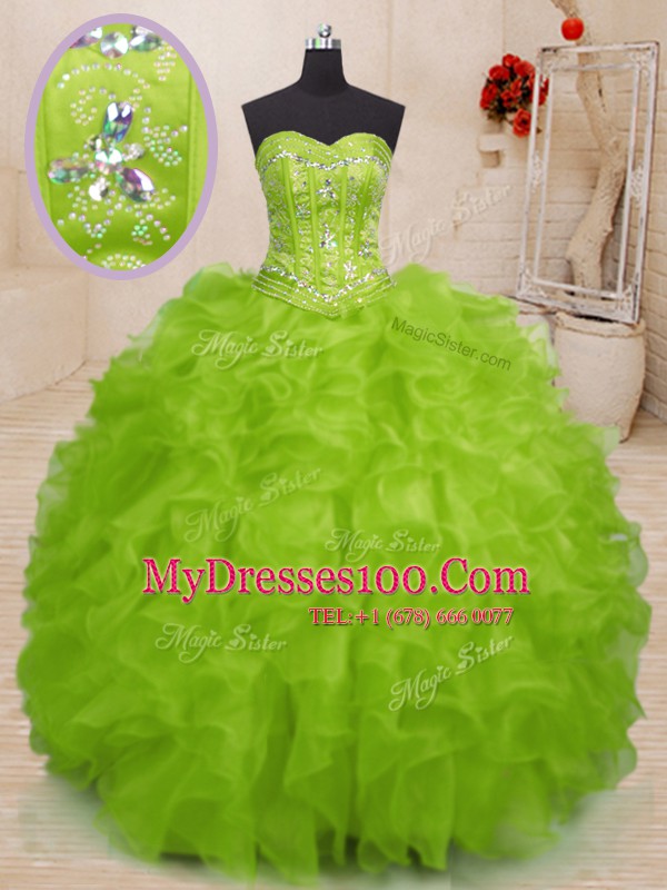 Ideal Yellow Green Sweetheart Lace Up Beading and Ruffles 15 Quinceanera Dress Sleeveless