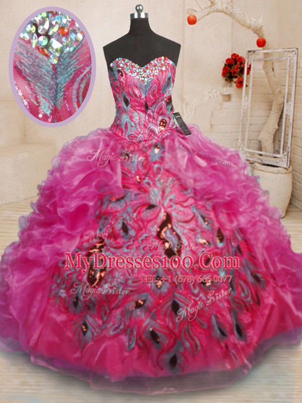 Simple Ball Gowns Ball Gown Prom Dress Hot Pink Sweetheart Organza Sleeveless Floor Length Lace Up