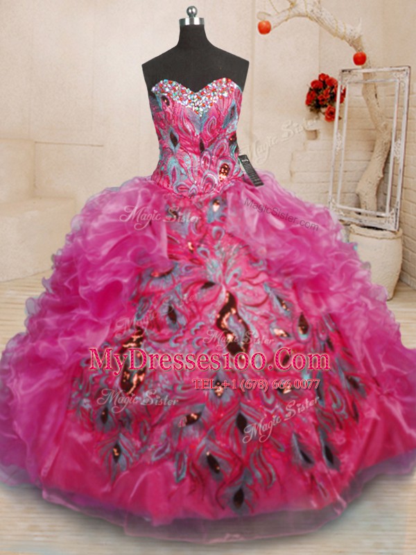Simple Ball Gowns Ball Gown Prom Dress Hot Pink Sweetheart Organza Sleeveless Floor Length Lace Up
