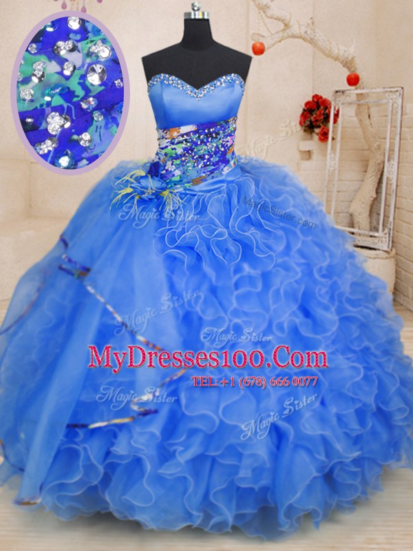 Ideal Floor Length Lace Up Quinceanera Gowns Blue for Military Ball and Sweet 16 and Quinceanera with Beading and Ruffles
