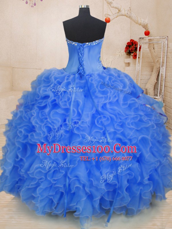 Ideal Floor Length Lace Up Quinceanera Gowns Blue for Military Ball and Sweet 16 and Quinceanera with Beading and Ruffles