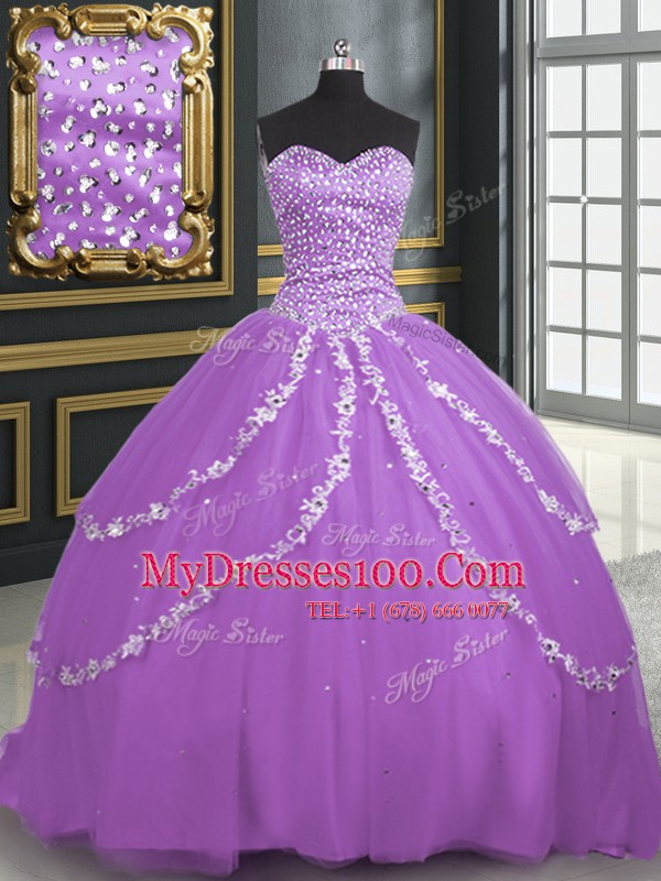 Hot Selling Lavender Sweetheart Lace Up Beading and Appliques Ball Gown Prom Dress Brush Train Sleeveless