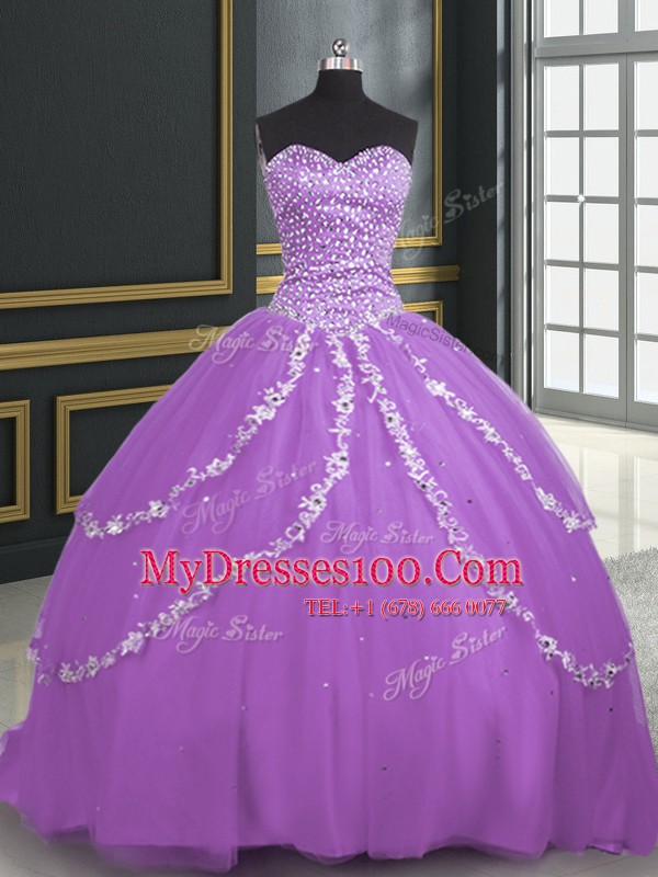 Hot Selling Lavender Sweetheart Lace Up Beading and Appliques Ball Gown Prom Dress Brush Train Sleeveless