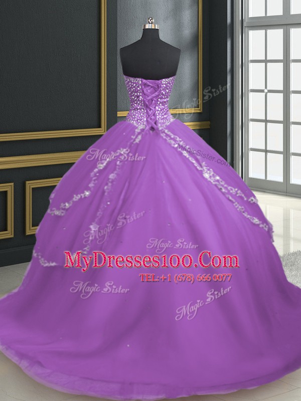 Hot Selling Lavender Sweetheart Lace Up Beading and Appliques Ball Gown Prom Dress Brush Train Sleeveless