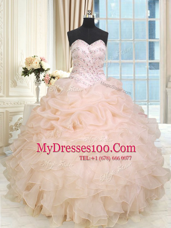 Ball Gowns Quinceanera Dresses Peach Sweetheart Organza Sleeveless Floor Length Lace Up