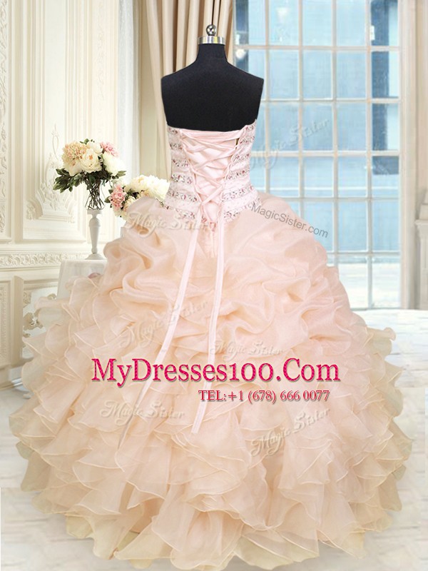 Ball Gowns Quinceanera Dresses Peach Sweetheart Organza Sleeveless Floor Length Lace Up