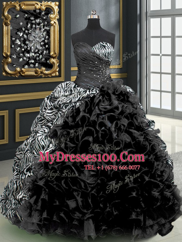 Top Selling Black Ball Gowns Organza and Printed Sweetheart Sleeveless Beading and Ruffles and Pattern With Train Lace Up 15 Quinceanera Dress Brush Train