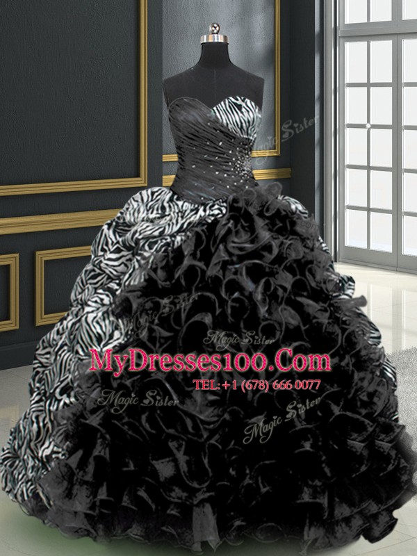 Top Selling Black Ball Gowns Organza and Printed Sweetheart Sleeveless Beading and Ruffles and Pattern With Train Lace Up 15 Quinceanera Dress Brush Train