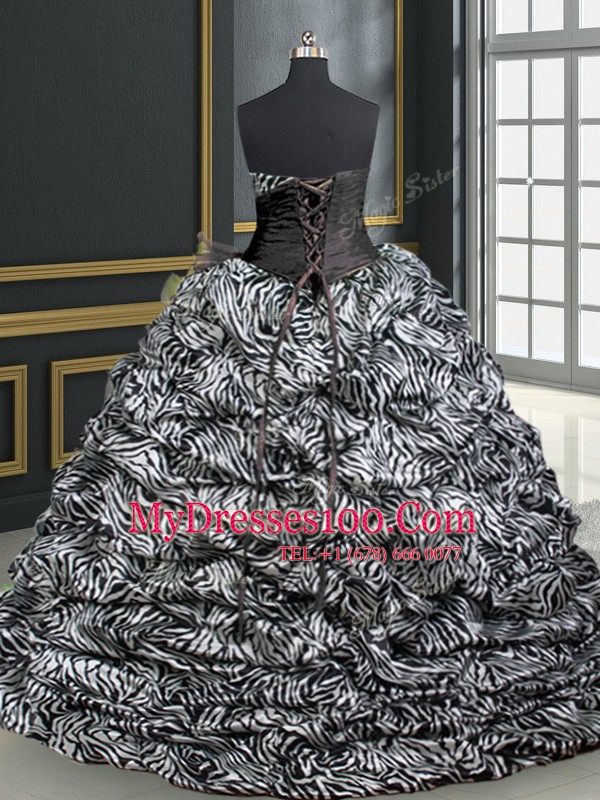 Top Selling Black Ball Gowns Organza and Printed Sweetheart Sleeveless Beading and Ruffles and Pattern With Train Lace Up 15 Quinceanera Dress Brush Train