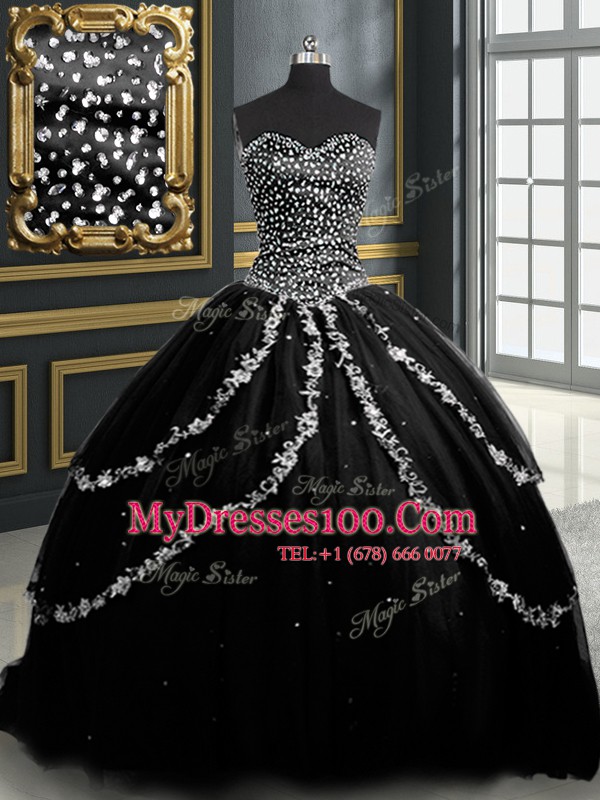 Black Ball Gowns Sweetheart Sleeveless Tulle With Brush Train Lace Up Beading and Appliques Vestidos de Quinceanera