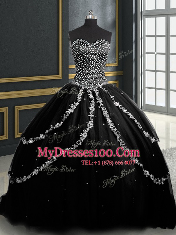 Black Ball Gowns Sweetheart Sleeveless Tulle With Brush Train Lace Up Beading and Appliques Vestidos de Quinceanera