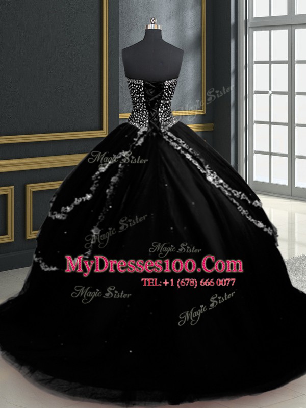 Black Ball Gowns Sweetheart Sleeveless Tulle With Brush Train Lace Up Beading and Appliques Vestidos de Quinceanera
