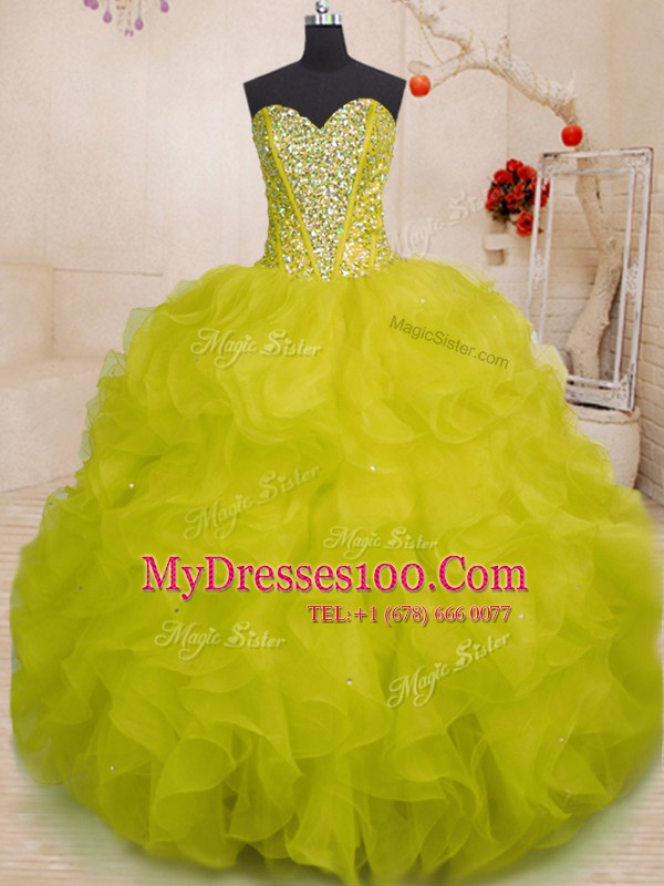 Cheap Yellow Green Lace Up Sweetheart Beading and Ruffles Sweet 16 Dresses Organza Sleeveless