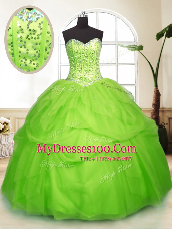 Flare Tulle Lace Up Sweetheart Sleeveless Floor Length Sweet 16 Dresses Sequins and Pick Ups