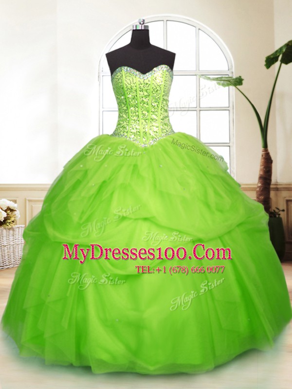 Flare Tulle Lace Up Sweetheart Sleeveless Floor Length Sweet 16 Dresses Sequins and Pick Ups