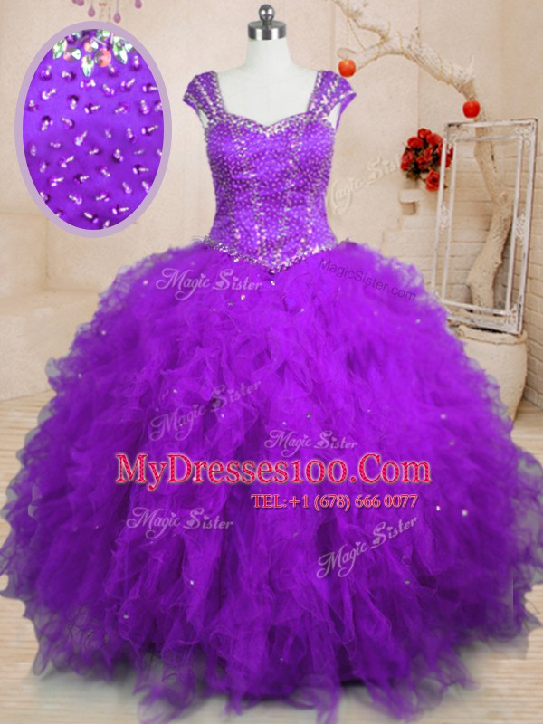 Best Square Cap Sleeves Quinceanera Dresses Floor Length Beading and Ruffles Purple Tulle