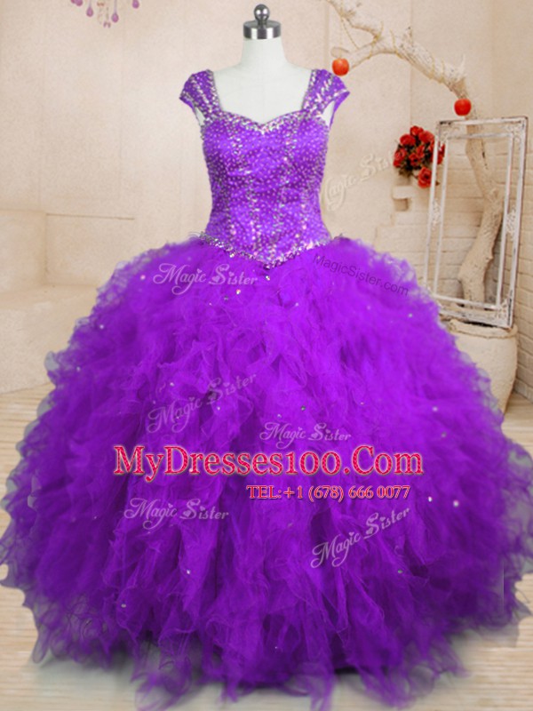 Best Square Cap Sleeves Quinceanera Dresses Floor Length Beading and Ruffles Purple Tulle