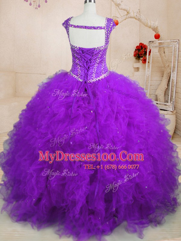 Best Square Cap Sleeves Quinceanera Dresses Floor Length Beading and Ruffles Purple Tulle