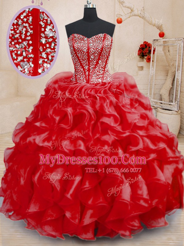 Popular Floor Length Lace Up Quinceanera Dresses Red for Military Ball and Sweet 16 and Quinceanera with Beading and Ruffles