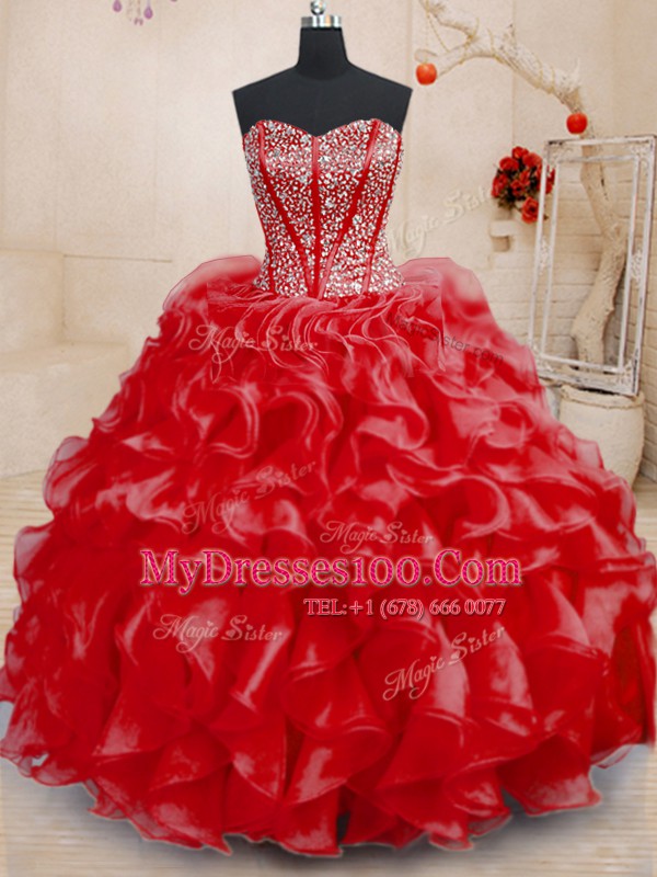 Popular Floor Length Lace Up Quinceanera Dresses Red for Military Ball and Sweet 16 and Quinceanera with Beading and Ruffles