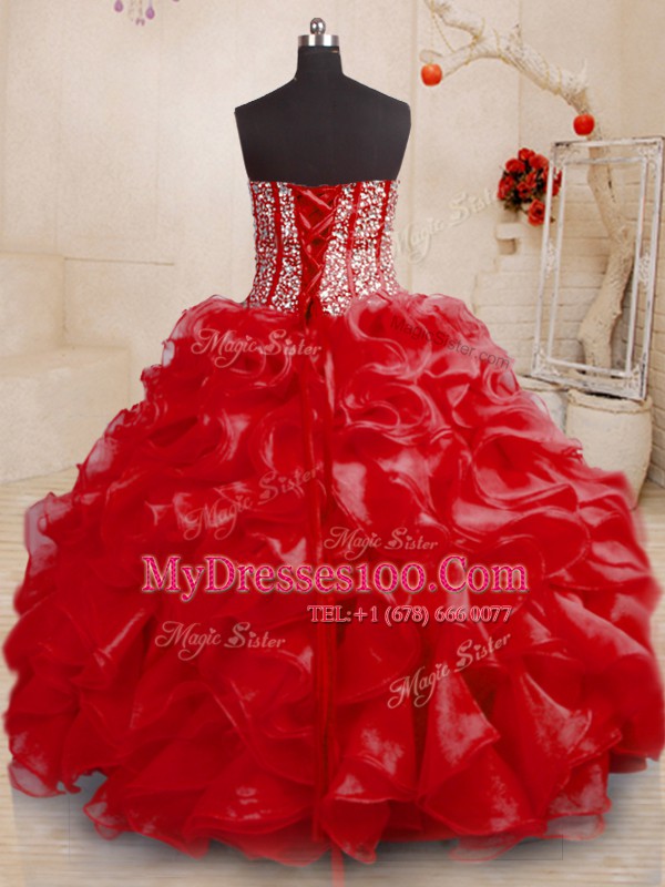 Popular Floor Length Lace Up Quinceanera Dresses Red for Military Ball and Sweet 16 and Quinceanera with Beading and Ruffles