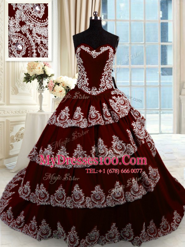 Popular Sweetheart Sleeveless Taffeta Quince Ball Gowns Beading and Appliques and Ruffled Layers Court Train Lace Up