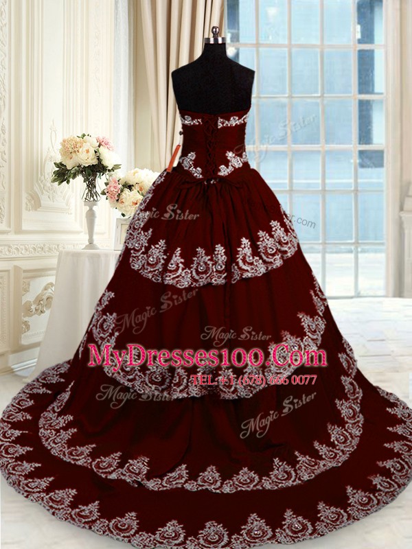 Popular Sweetheart Sleeveless Taffeta Quince Ball Gowns Beading and Appliques and Ruffled Layers Court Train Lace Up