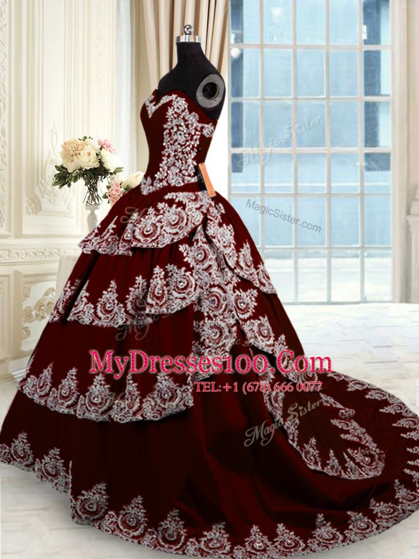Popular Sweetheart Sleeveless Taffeta Quince Ball Gowns Beading and Appliques and Ruffled Layers Court Train Lace Up