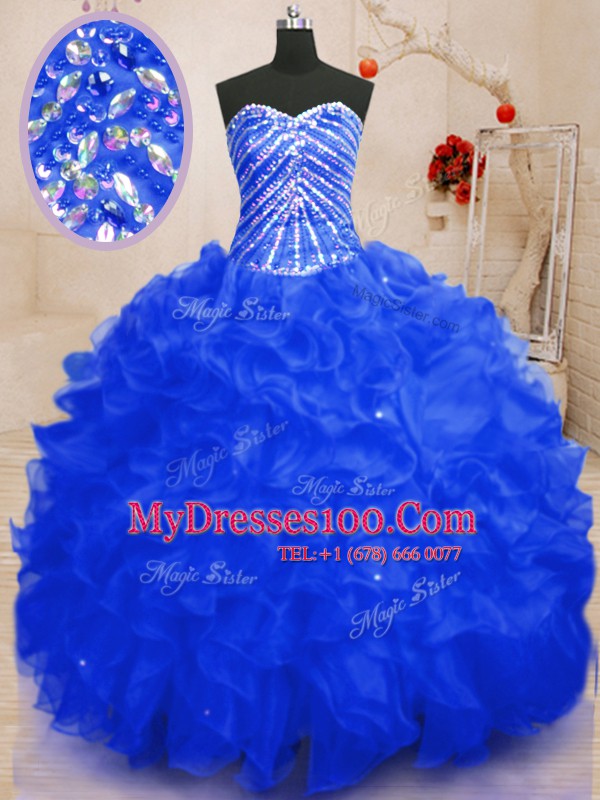 Sequins Sweetheart Sleeveless Lace Up Quinceanera Gown Royal Blue Organza