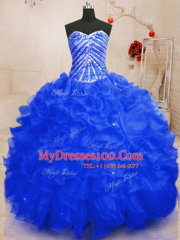 Sequins Sweetheart Sleeveless Lace Up Quinceanera Gown Royal Blue Organza